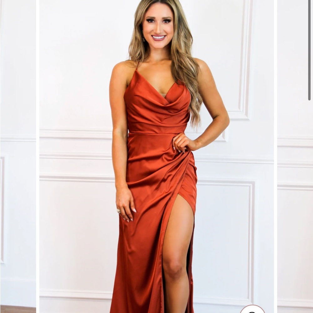 Sleek Satin Cowl Neck Maxi Dress - Burnt Orange (Rust)